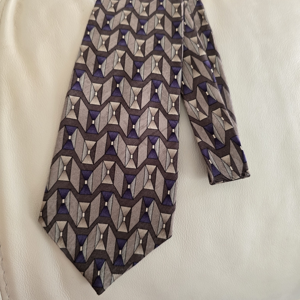 Daniel Hechter Tan Purple and Gray Geometric Silk Necktie Tie